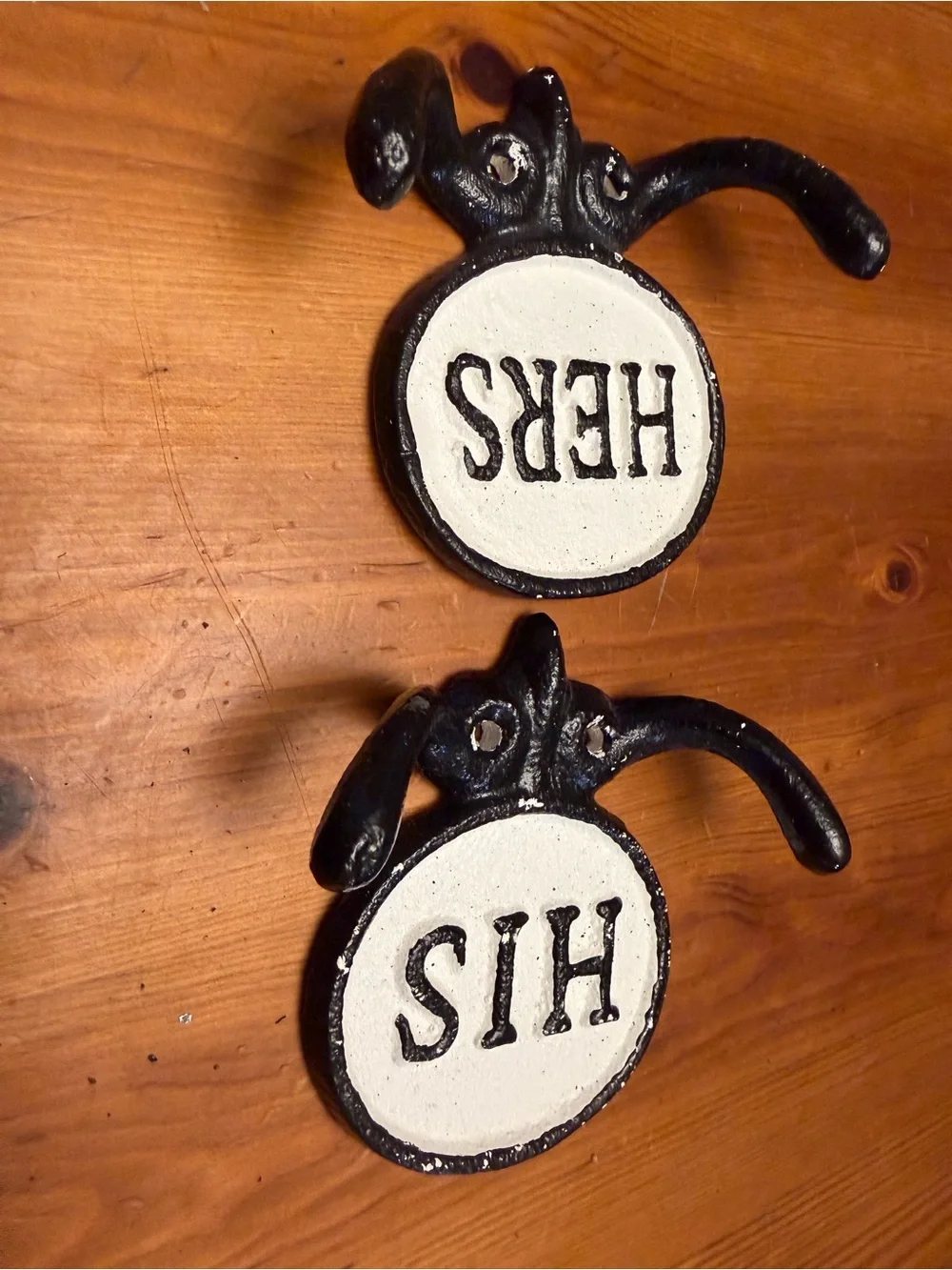 HIS & HERS Wall Hooks — Black Cast Iron with White Heavy Plaques